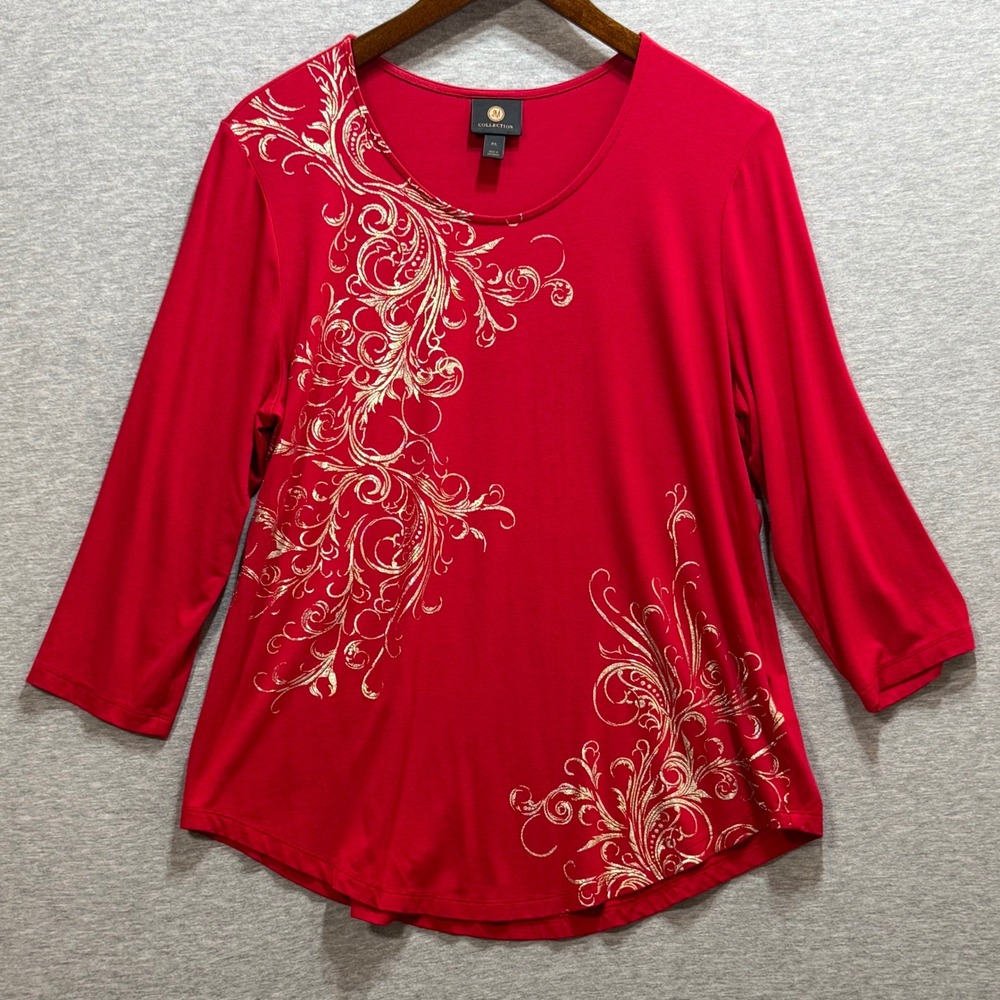 JM Collection Knit Top Womens PL Red Gold Foil Scroll 3/4 Sleeve Metallic Casual